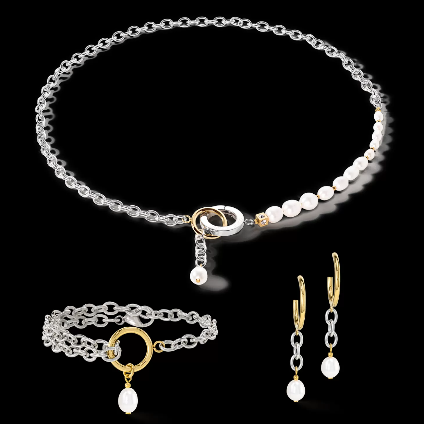 COEUR DE LION Necklace Y & Oval Freshwater Pearls With O-Ring Bicolor