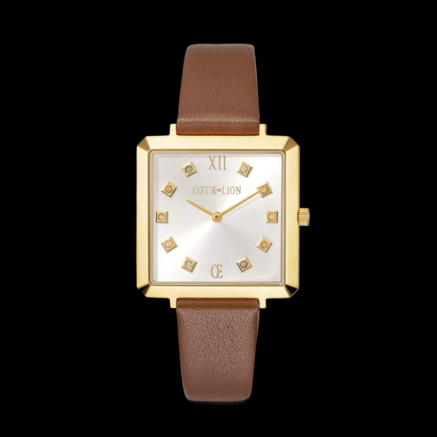 COEUR DE LION Watch Iconic Square Gold White Sunray Bracelet Leather Classy Brown