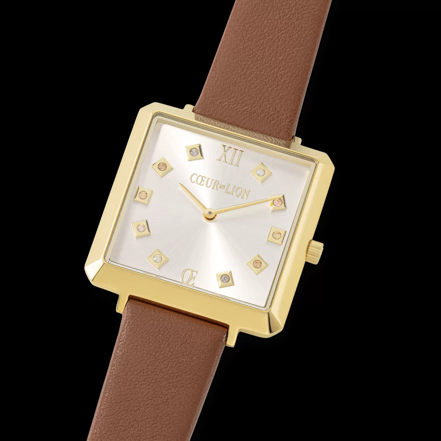 COEUR DE LION Watch Iconic Square Gold White Sunray Bracelet Leather Classy Brown