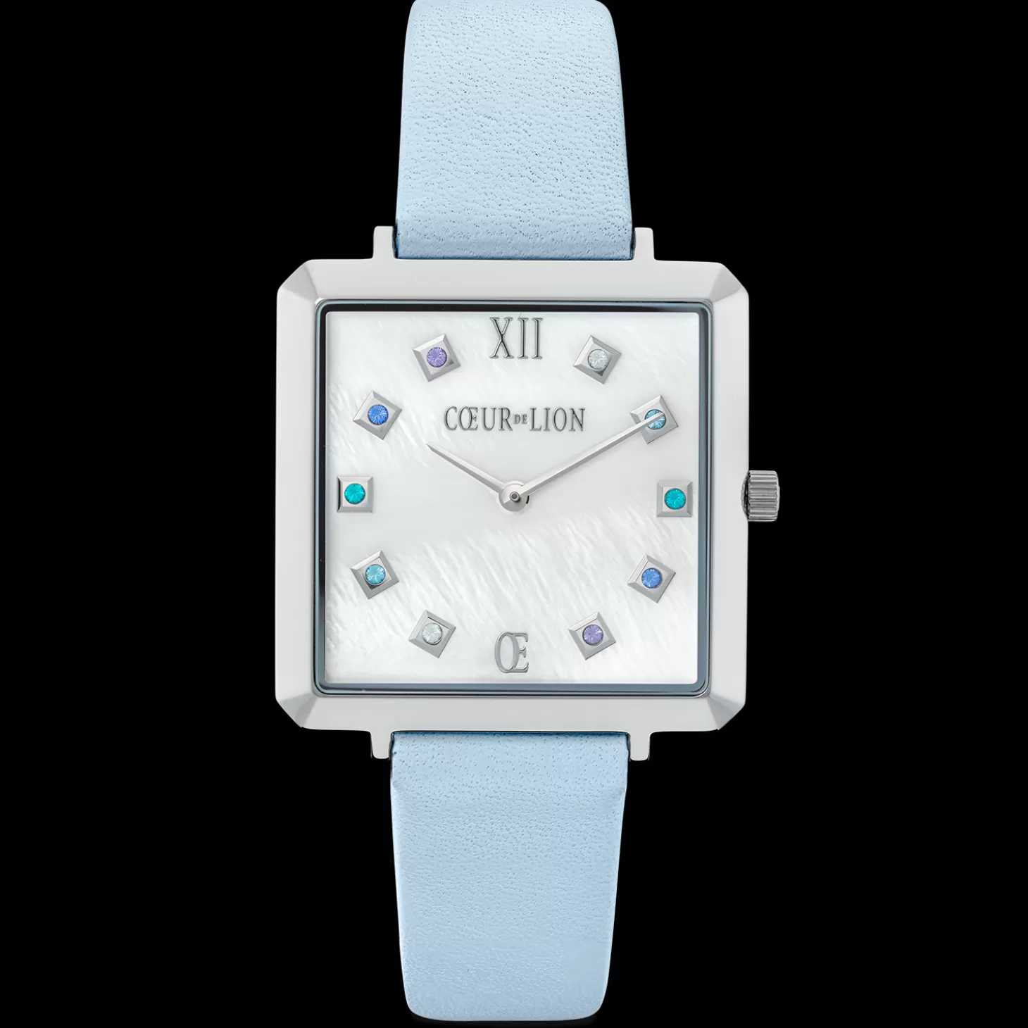 COEUR DE LION Watch Iconic Square Mother-Of-Pearl Silver Bracelet Leather Cool Blue